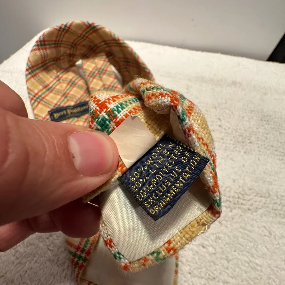Vintage Bert Pulitzer Tie Orange Green Plaid Wool Linen Heritage Ivy League